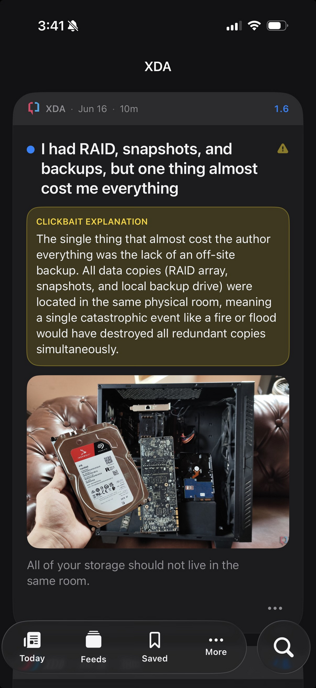 Feedline iPhone article screen showing a clickbait explanation, AI score, and article image.